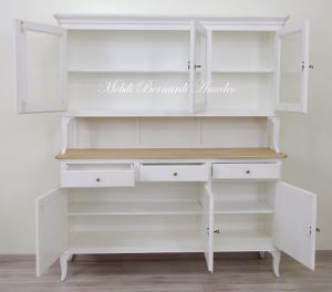 Credenza da cucina con alzata a 3 ante in legno finitura bianco e top in rovere massiccio